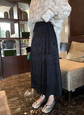 NAZ那子大码秋季新中式国风高腰百褶半身裙胖mm缎面提花马面裙女