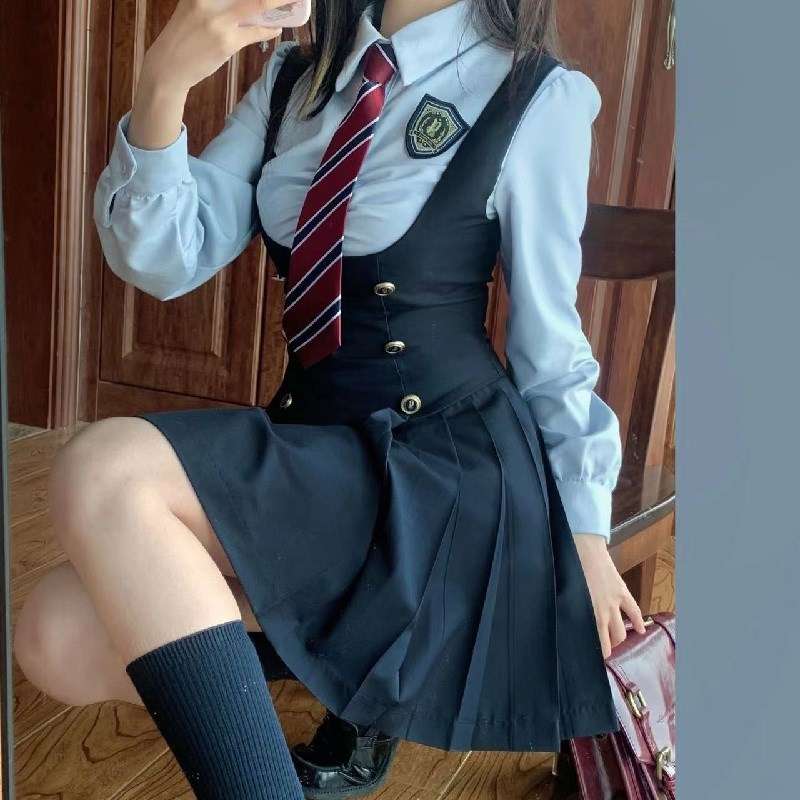 大码胖mm美式学院风蓝色衬衫收腰背带连衣裙女春夏显瘦jk制服套装