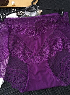 单条灰色高腰收腹包臀蕾丝女士内裤胖mm深紫色无痕网纱大码三角裤