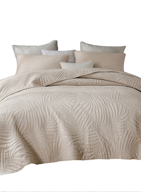 纯白色叶子双面绣花绗缝被三件套夹棉床盖双人床单床罩夏凉空调被