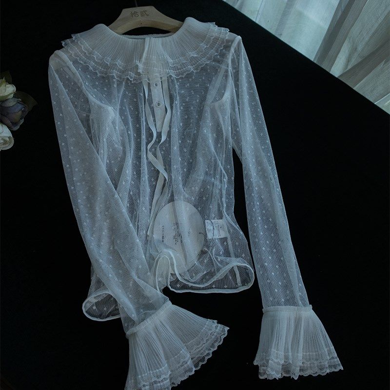 2022秋冬新品订制甜美复古风喇叭袖翻领蕾丝打底衫女配毛衣神器,女装/女士精品,T恤,淘宝优惠券,粉丝福利购,淘宝优惠卷