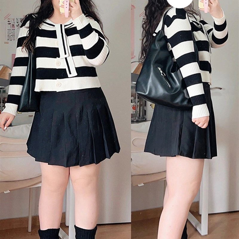 胖mm白色百褶裙jk短裙女春夏百搭大码遮胯高腰显瘦A字西装半身裙