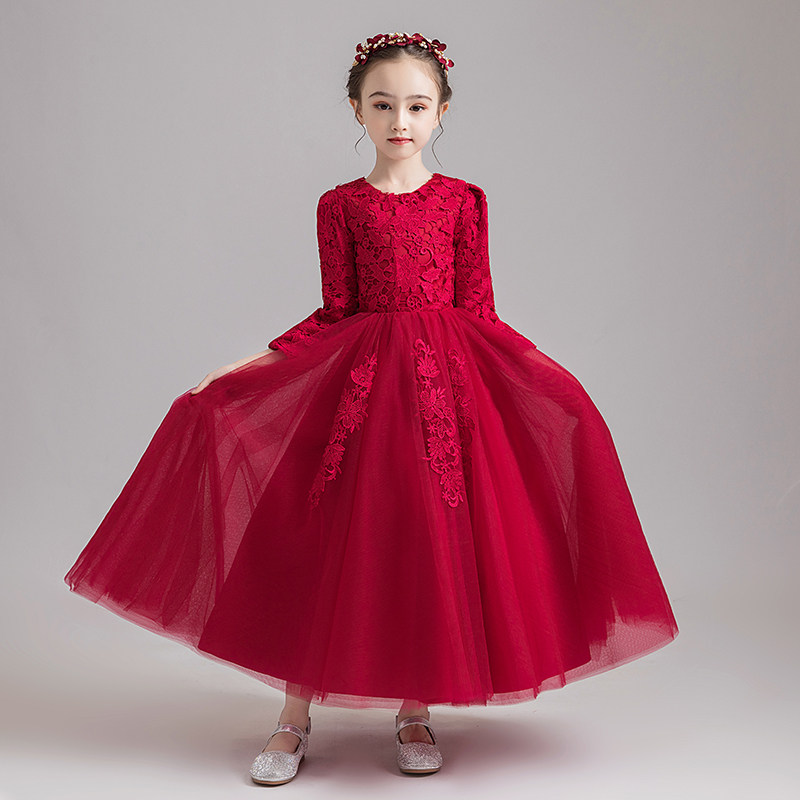 女童晚礼服公主裙蓬蓬纱长袖钢琴演出服洋气小女孩宝宝婚纱高端冬