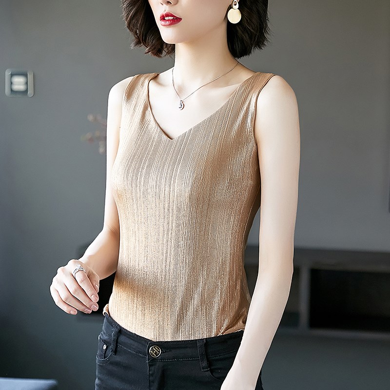 V领小吊带西装内搭女装夏打底衫大码百搭上衣背心闪光亮丝无袖T恤