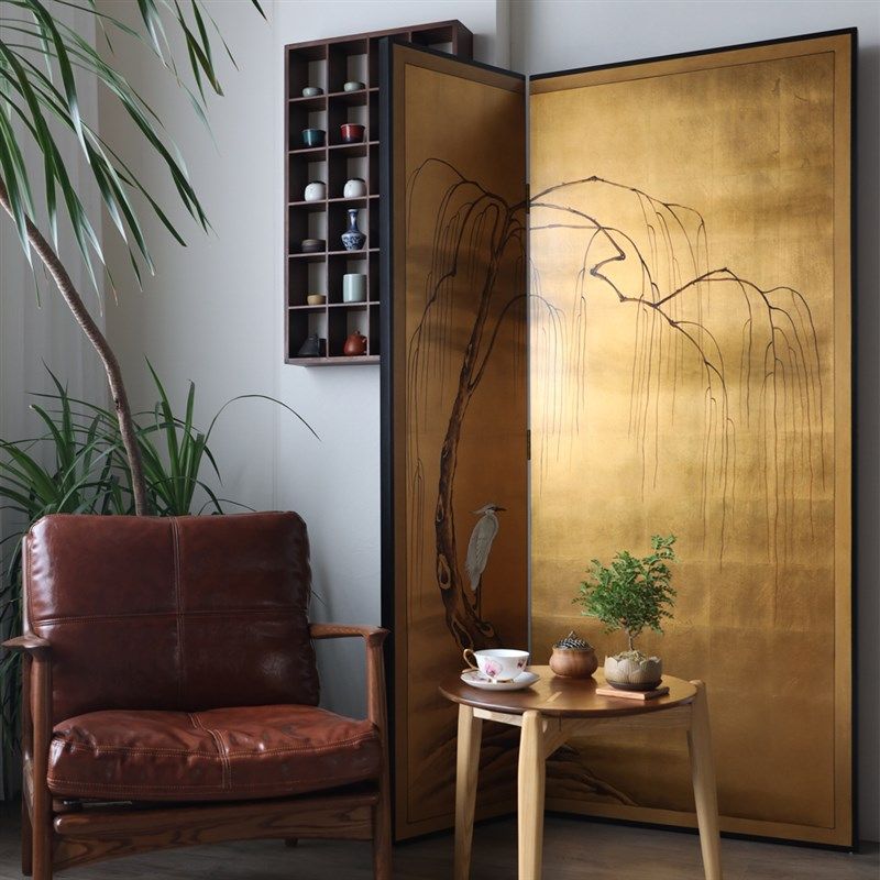 中式传统金箔手绘枯柳白鹭漆画中古屏风卧室遮挡家用隔断背景装饰