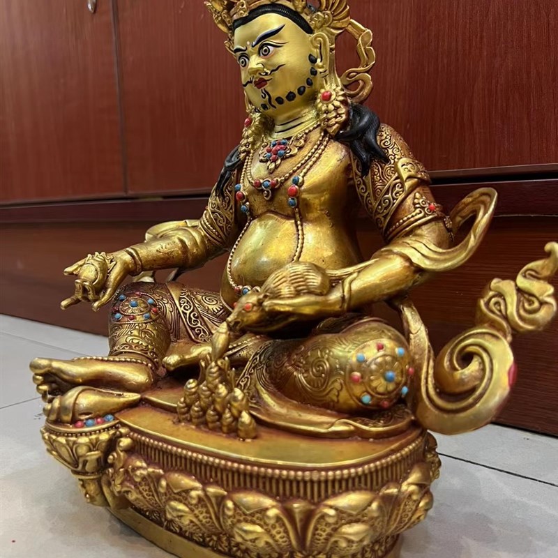 西藏密宗黄财神佛像居家供奉家用招财藏传摆件纯铜鎏金铜像神像