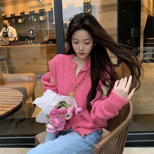 子短款 可拆卸袖 上衣潮 针织外套女毛衣纯色长袖 2021秋冬玫红色开衫