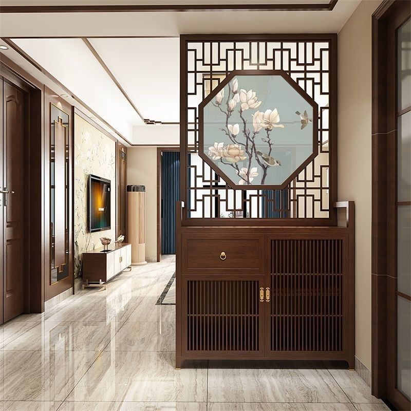 新新中式实木屏风入户玄关隔断柜简约现代座屏门厅柜抽屉鞋柜储物