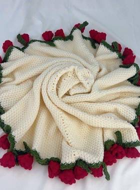 手工D毯IY成品玫瑰束毯子编织成品毛线毯钩团织花朵毛花勾JMF花针