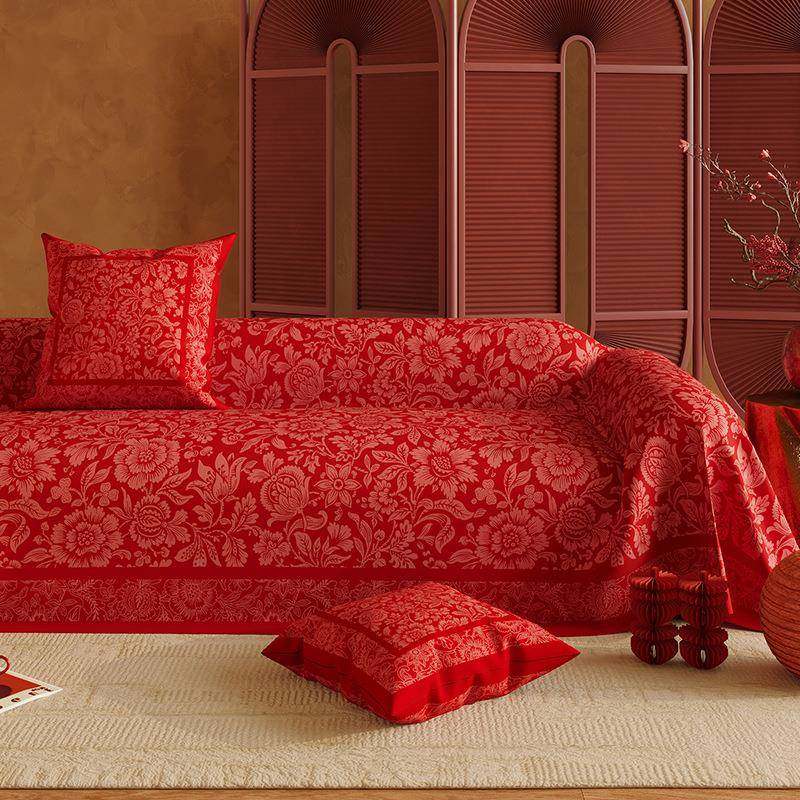 中式结婚喜庆沙发盖布新年20024009过年级感红色发巾防防滑沙高猫