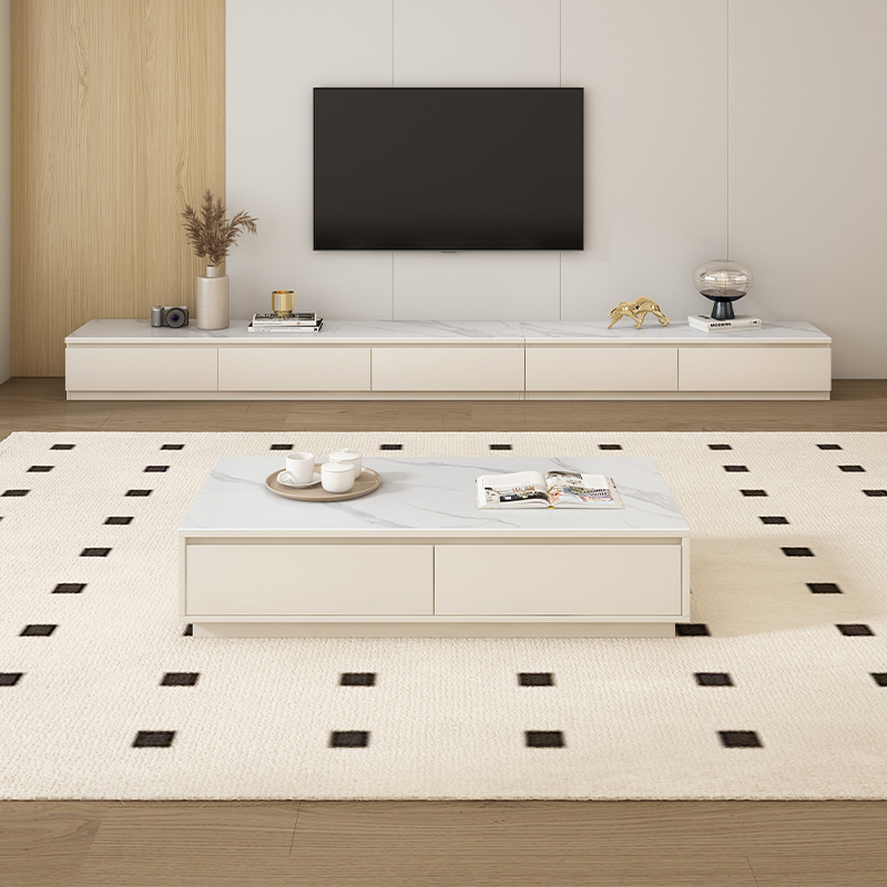 2024实木e奶油风岩板电视柜茶几组合小户型现代简约白色客厅电视