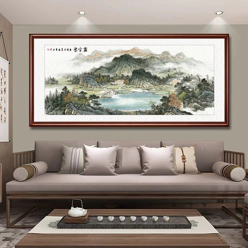 客厅挂画西墙沙发背景墙装饰国画中式山水画源远流长聚宝盆办公室