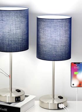 LED床头灯触摸调光开关USB接口布艺美式复古简约卧室台灯ebay