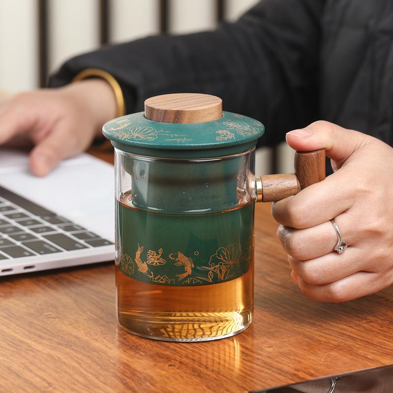 玻璃马克杯茶水分离杯带盖陶瓷内胆办公杯旅行泡茶杯加印logo