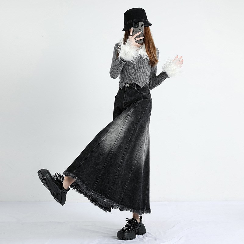 300斤大码女装胖mm牛仔半身裙高腰A字裙子显瘦显高中长裙秋季长裙