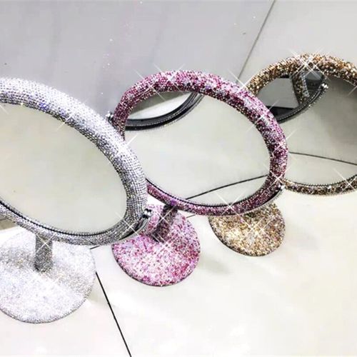 欧式桌面台式镶钻化妆镜 创意水钻旋转折叠公主镜梳妆镜 双面镜子