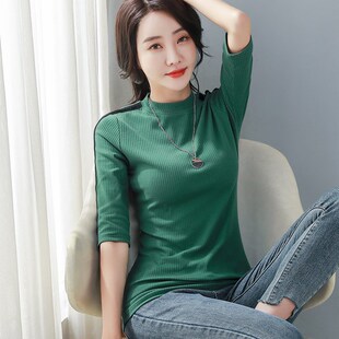女潮 针织上衣紧身打底衫 纯棉半高领中袖 T恤女2025春夏黑色五分袖