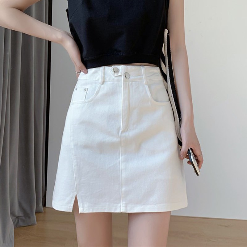 粉色牛仔裙女夏薄2022新款半身裙高腰a字裙胖mm显瘦大码包臀短裙