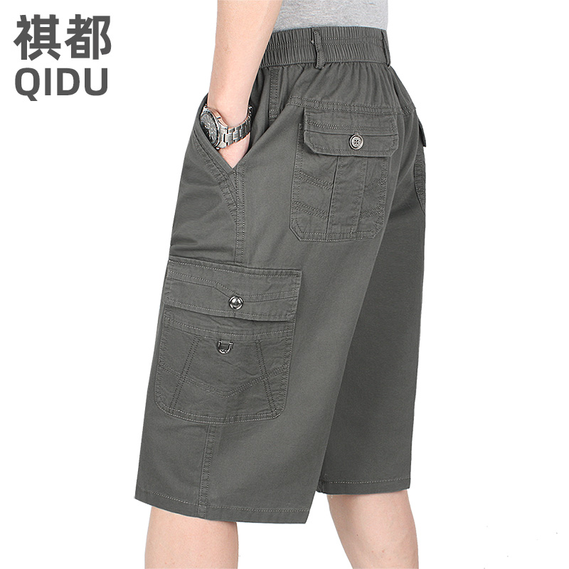 纯棉多口袋男士七分裤宽松透气中老年人松紧腰中裤爸爸夏季短裤薄