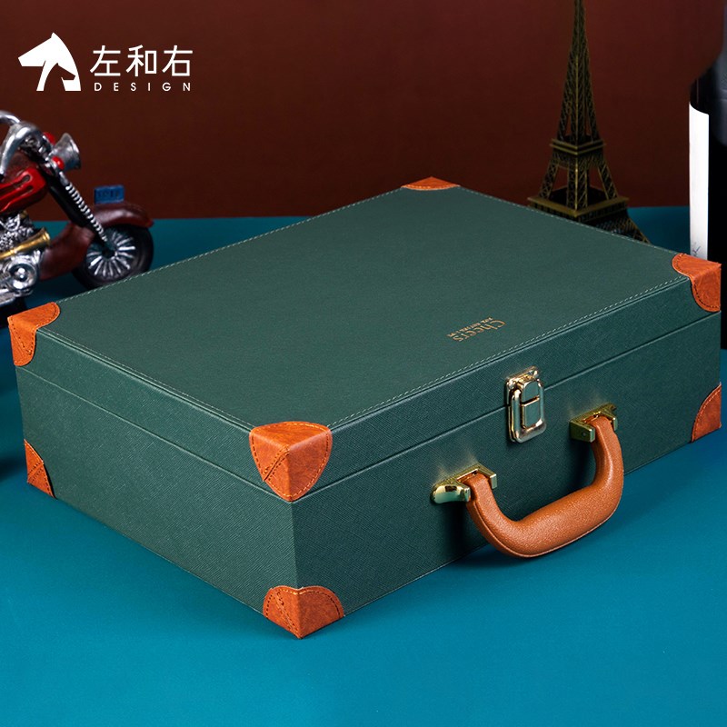 左和右高端红酒包装礼盒绿色2支装红酒盒双支皮盒大肚瓶包装盒