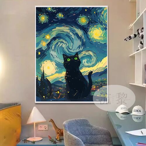 梵高的星空猫咪DIY数字油画手工绘填充涂色高级感心理减压装饰画