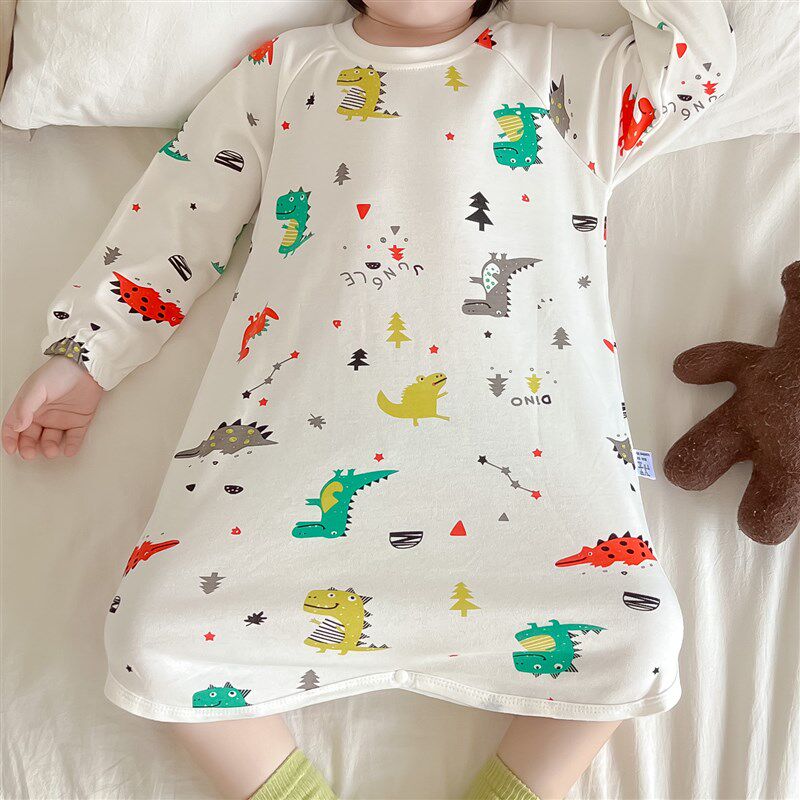 宝宝纯棉长袖睡裙儿童一粒扣家居裙男童卡通长版睡袍女童可爱睡袋