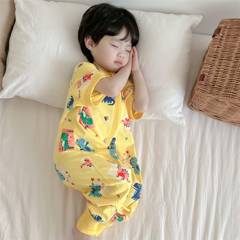 男童纯棉睡衣夏季短袖长裤连身衣宝宝无骨爬服女童连体护肚空调服