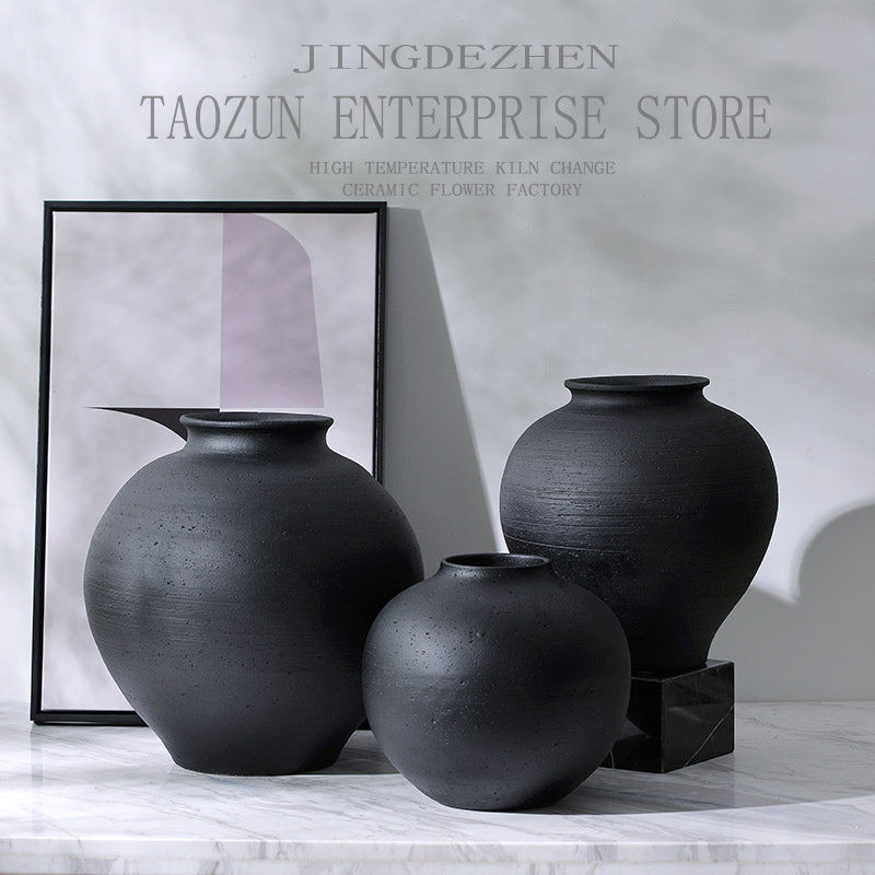 中式侘寂风复古黑色粗陶陶罐客厅陶瓷花瓶摆件酒店样板间软装饰品,家居饰品,花瓶,淘宝优惠券,粉丝福利购,淘宝优惠卷