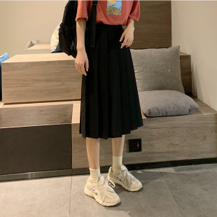 大码松紧腰百褶裙中长款女新款高腰学院风蓬蓬裙胖mm遮胯半身长裙