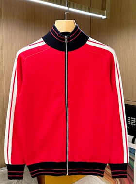 潮流半高领红色毛衣男秋冬季2024新款撞色条纹拉链针织开衫外套男
