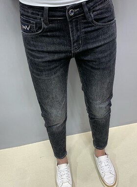 修身男士牛仔裤秋冬季国风刺绣黑灰色弹力潮流高级感男裤九分小脚