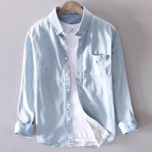浅色牛仔衬衫男长袖薄款夏季宽松纯棉水洗衬衣男士休闲上衣外套潮