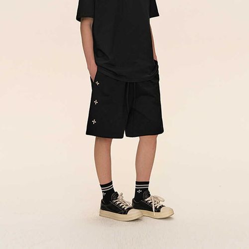 十字架刺绣重磅纯棉短裤男夏季潮牌直筒宽松休闲五分裤子情侣中裤
