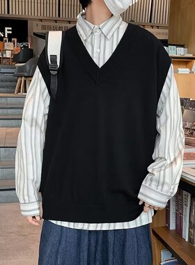 秋冬V领无袖马甲背心男潮流宽松潮牌纯色简约情侣坎肩毛衣针织衫