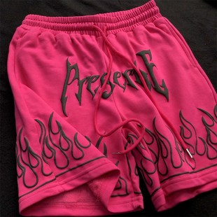 男2024新款 红色篮球宽松休闲裤 美式 夏季 重磅毛圈运动裤 玫红色短裤