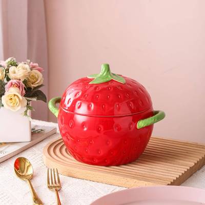 ins网红草号莓陶瓷汤碗PG1015碗用个性大泡面带盖汤碗甜品家沙拉