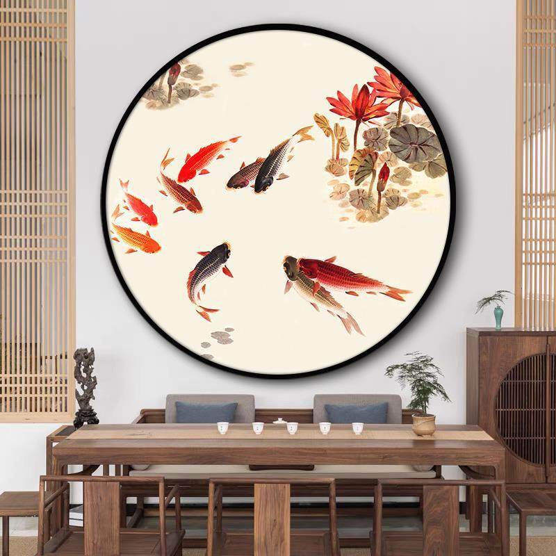 九鱼图挂画玄关厅装饰画圆鱼中式客厅入户餐背景墙鲤锦招财TJZ壁