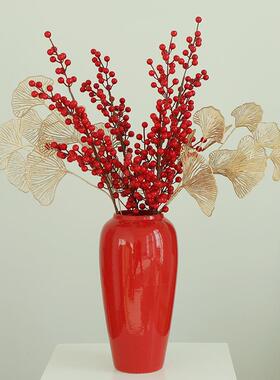 陶瓷花xzgh1福国桶摆件中红客厅干花花器瓶餐桌式中红色花瓶年货