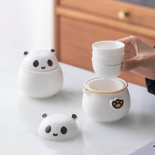 熊猫8049快便客户外杯旅茶具套装携式一壶三杯随身泡茶陶瓷高行档