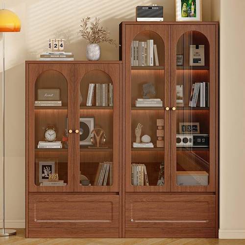 实木书柜带玻璃门收纳中柜风古靠客厅展示RHH柜墙置物柜小户型收