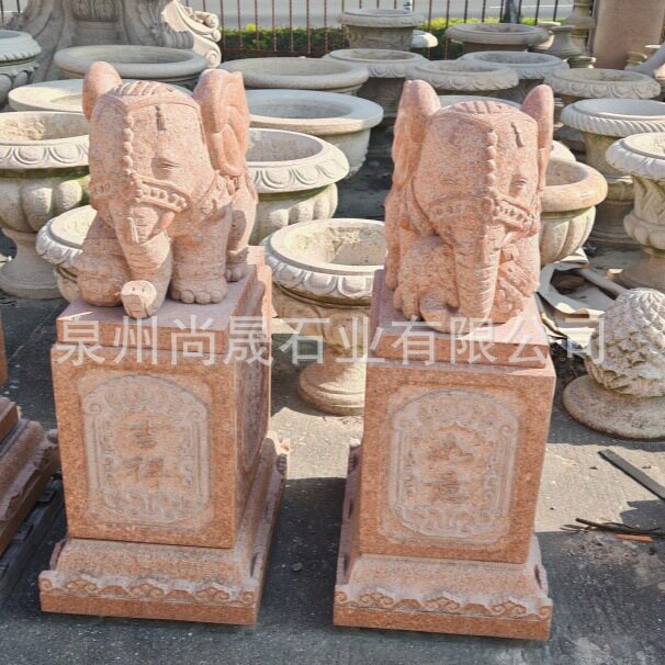 红色花岗岩石象墩子大象门鼓石印度红天山红石雕小象酒店别墅装饰