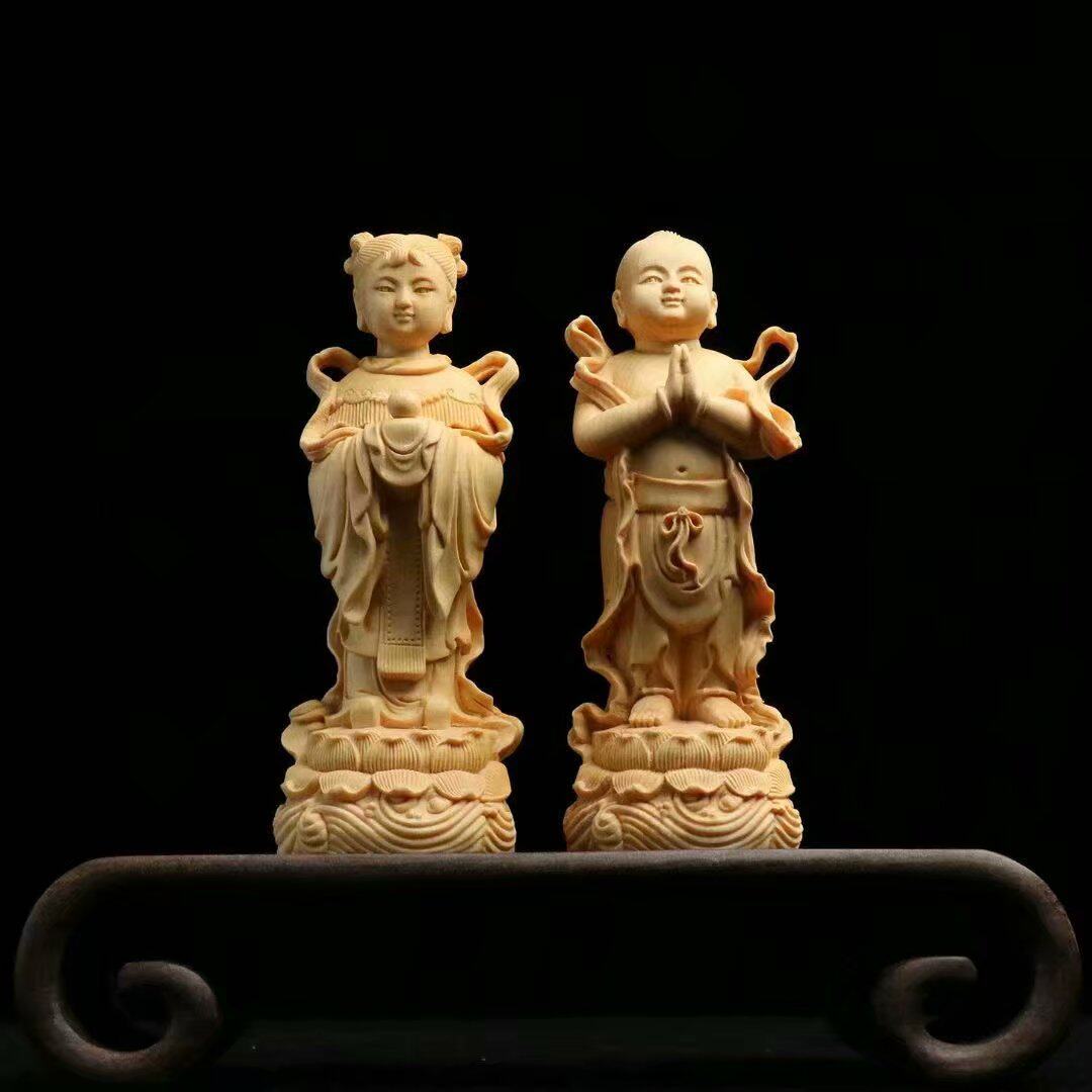 厂家批发桧木雕金童玉女木质摆件工艺品桌面摆件装饰品人物莲花