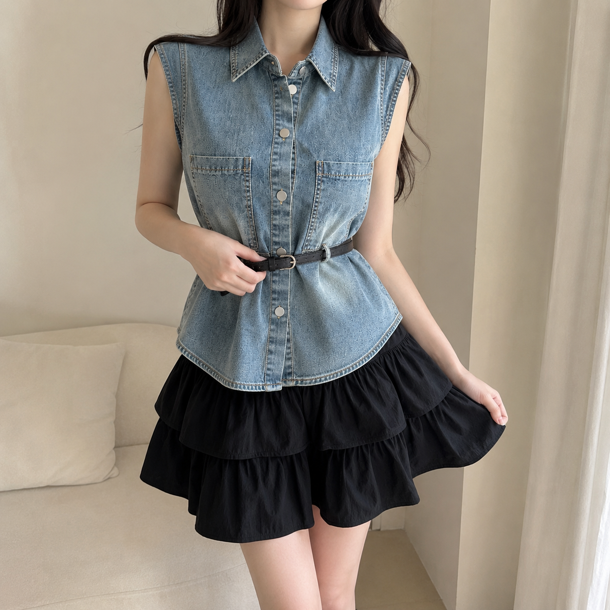 韩系辣妹收腰牛仔马甲蛋糕半身裙两件套女夏季显瘦小个子套装