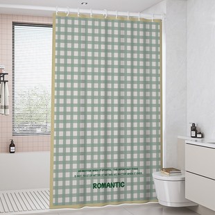 格子浴帘浴室防水帘子卫生间隔断淋浴拉帘洗澡遮挡防霉套装 免打孔