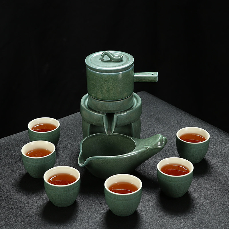 整套半自动功夫茶具家用雪花釉懒人石磨泡茶器旋转出水创意茶壶具