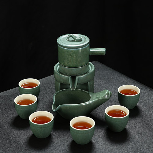 整套半自动功夫茶具家用雪花釉懒人石磨泡茶器旋转出水创意茶壶具