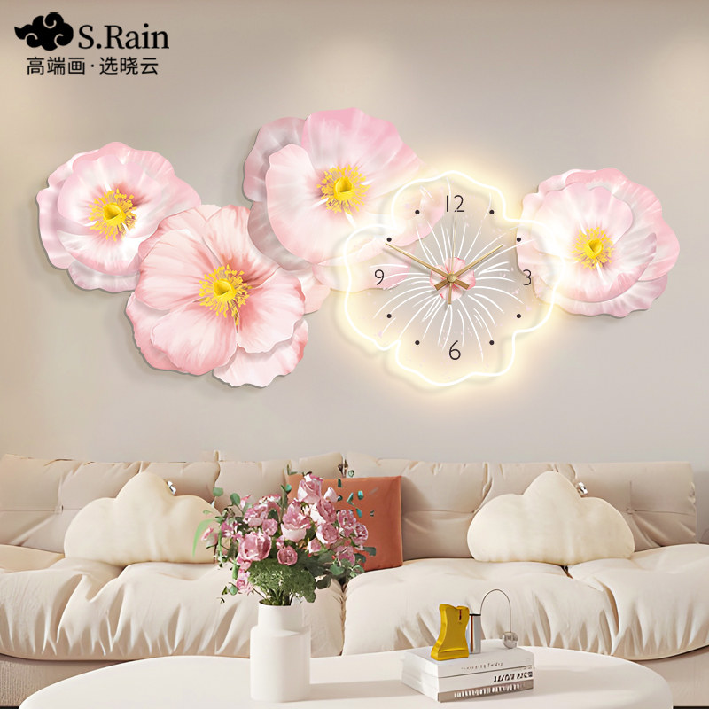 奶油风客厅钟表装饰画餐厅创意时钟壁灯牡丹花挂画沙发背景墙壁画