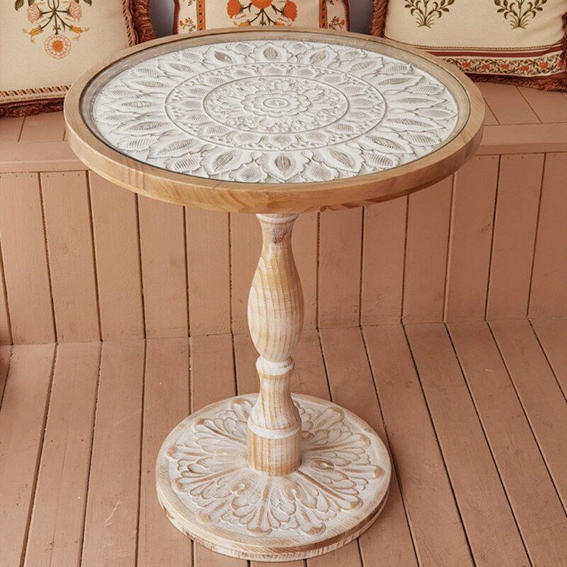 法式复古沙发边几实木中古角几休闲小圆几摩洛哥民宿雕花茶几