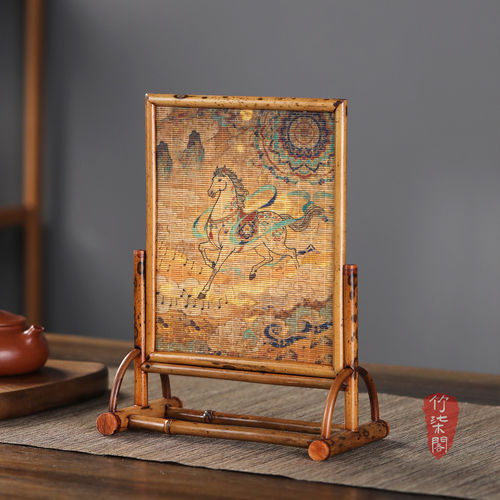 梅鹿竹小屏风竹丝竹编桌面摆件中式插屏茶室隔断陈设布景国风装饰