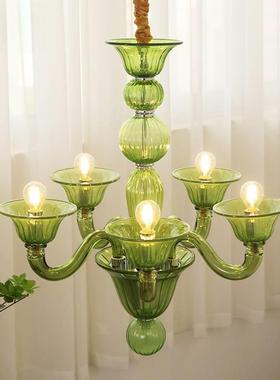 法式优雅绿色玻璃蜡烛式吊灯复51321美古轻设奢计师款复客厅卧室
